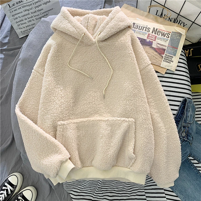 

Solid Hoodies For Women Loose Warm Lambs Fleece Hooded Sweatershirt All-Match Casual Winter Thick Sport Shirts