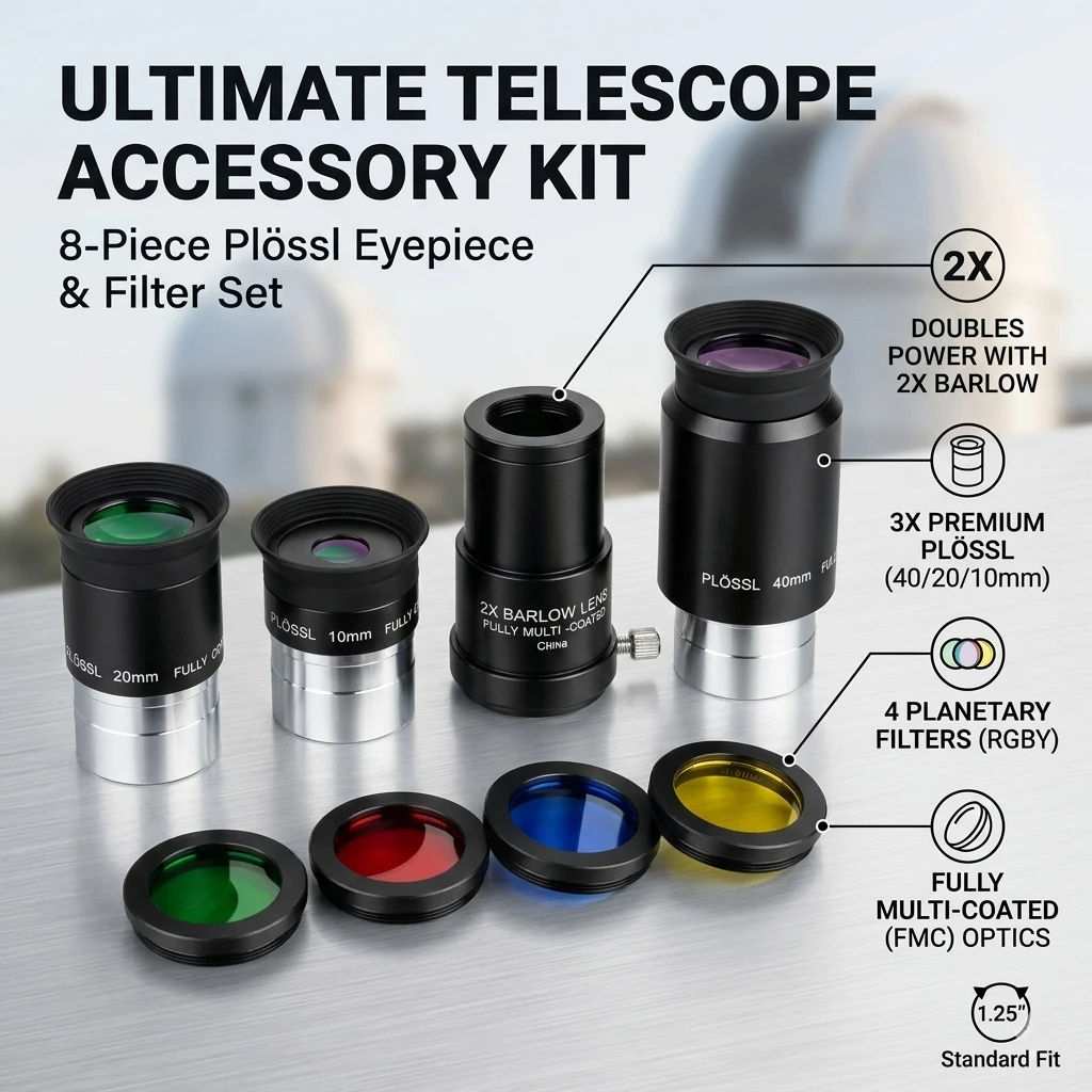 

Professional Telescope Upgrade Set: 3X Plössl Eyepieces & 2X Barlow Lens Combo with 4 Color Filters - 1.25 inch
