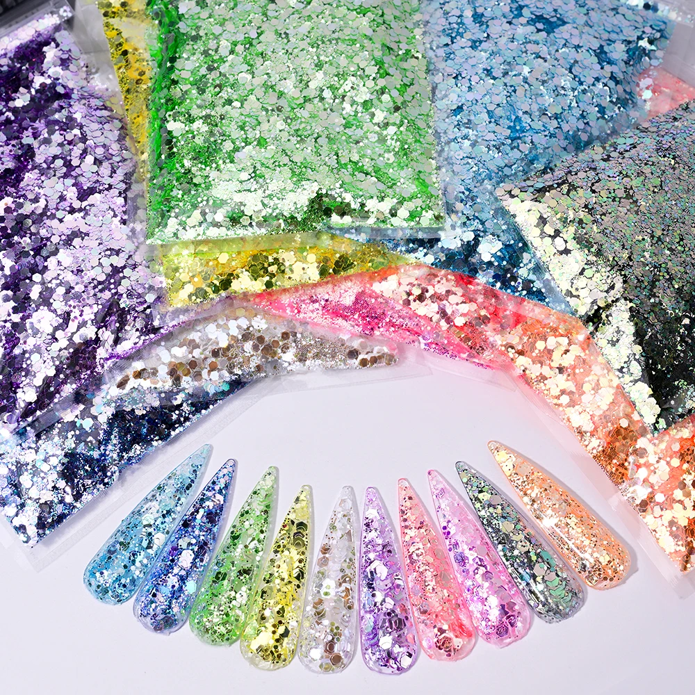 50 กรัม/ถุง Platinum Mirror Glitter เล็บหกเหลี่ยม Chunky เลื่อมผสมขนาดสีรุ้งเล็บ Paillette DIY เล็บแต่งหน้าเลื่อม