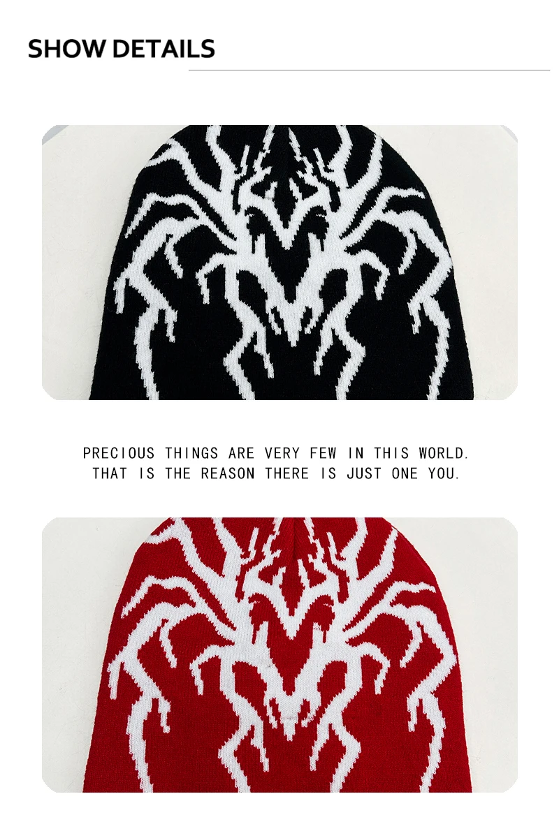 Neue Herren- und Damenmützen im American Street Jacquard Love Spider-Design, warme, vielseitige Hip-Hop-Beanies mit Farbblock-Design, modisch und trendig. – Detail 3