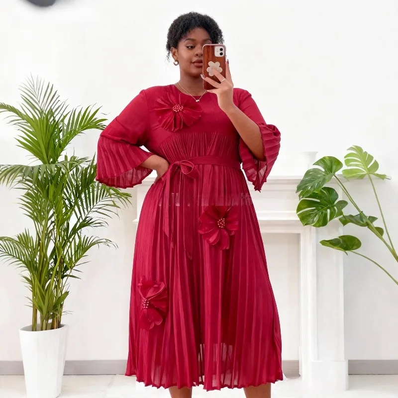 

Miyake плиссированное женское платье с цветочным принтом и бисером, темпераментное, с талией, средней длины, тонкое, большого размера, длинная эластичная европейская одежда