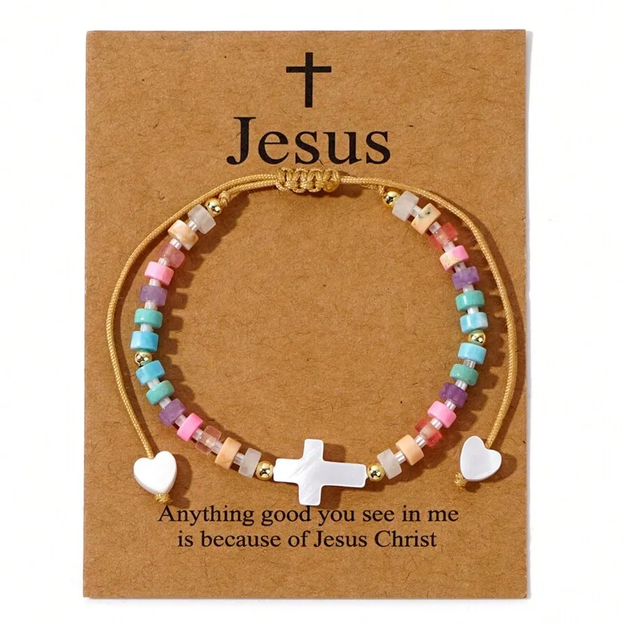 1 Pc Sweet Cross Heart Beaded Vintage Natural Stone Braided Multicolor Bracelet Women Best Friend Date Party Daily Gifts