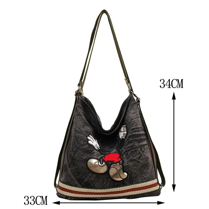 Disney Embroidery Back Shadow Mickey Women\'s Bag Fashion Lady Shoulder Bag Large Capacity Multifunctional Denim Canvas Handbag