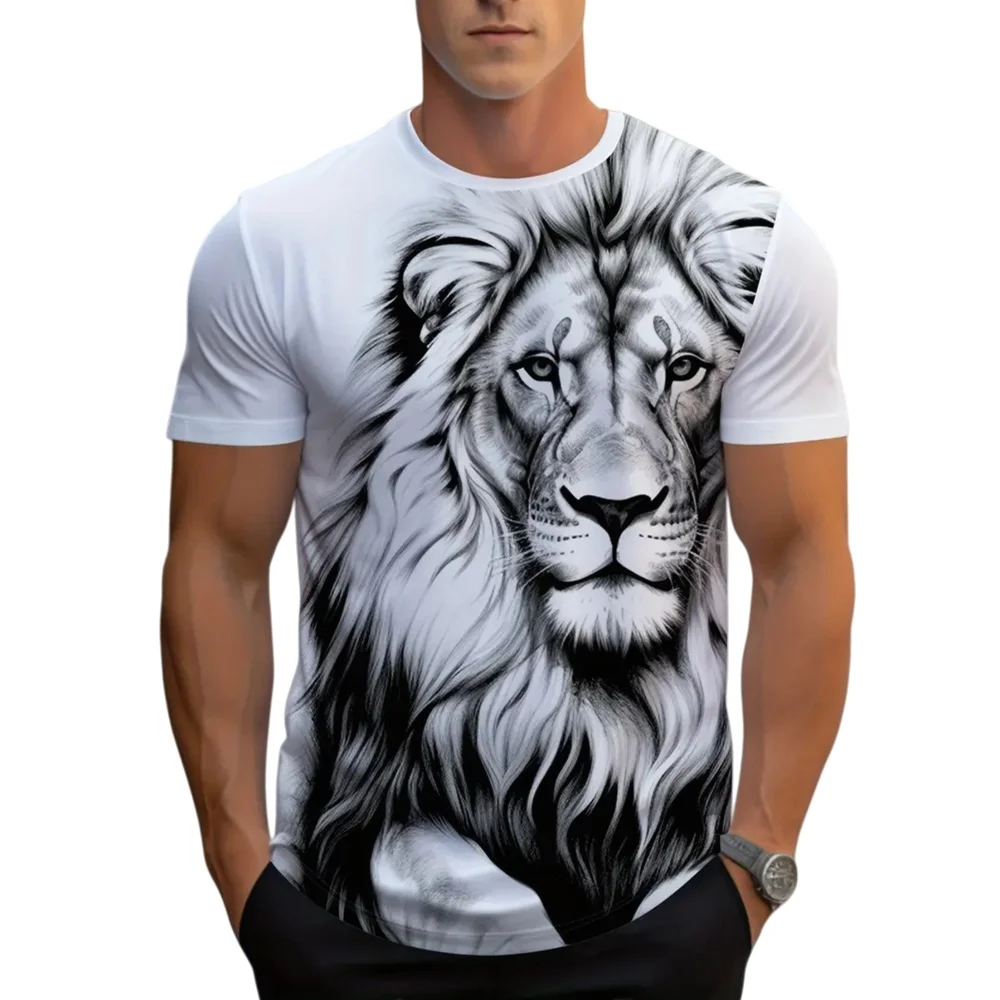 Magnificent White Lion Pattern Printed Men's T-shirt Summer Lightweight Adult Top Creative Fashion Trend Short Sleeve T-shirt
