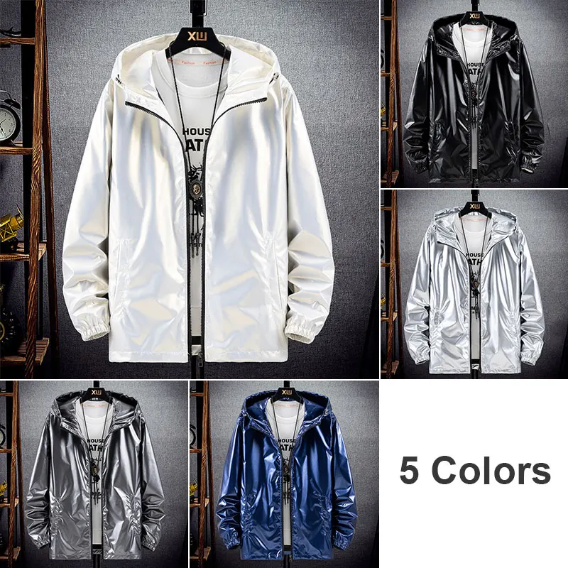 Men Shiny Jacket Shiny Silver Bright Hooded Zipper Bomber Jacket Autumn Thin Harajuku Windbreaker Waterproof Coats