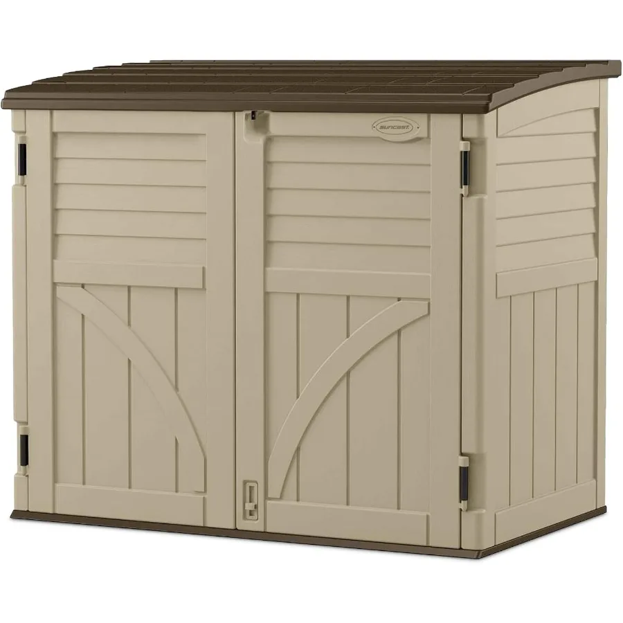 Horizontal Shed For Outdoor Storage, Sand Slate Multi-Wall Resin, 34 Cu. Ft. Capacity, Lockable Compact Organizer For Garbage C