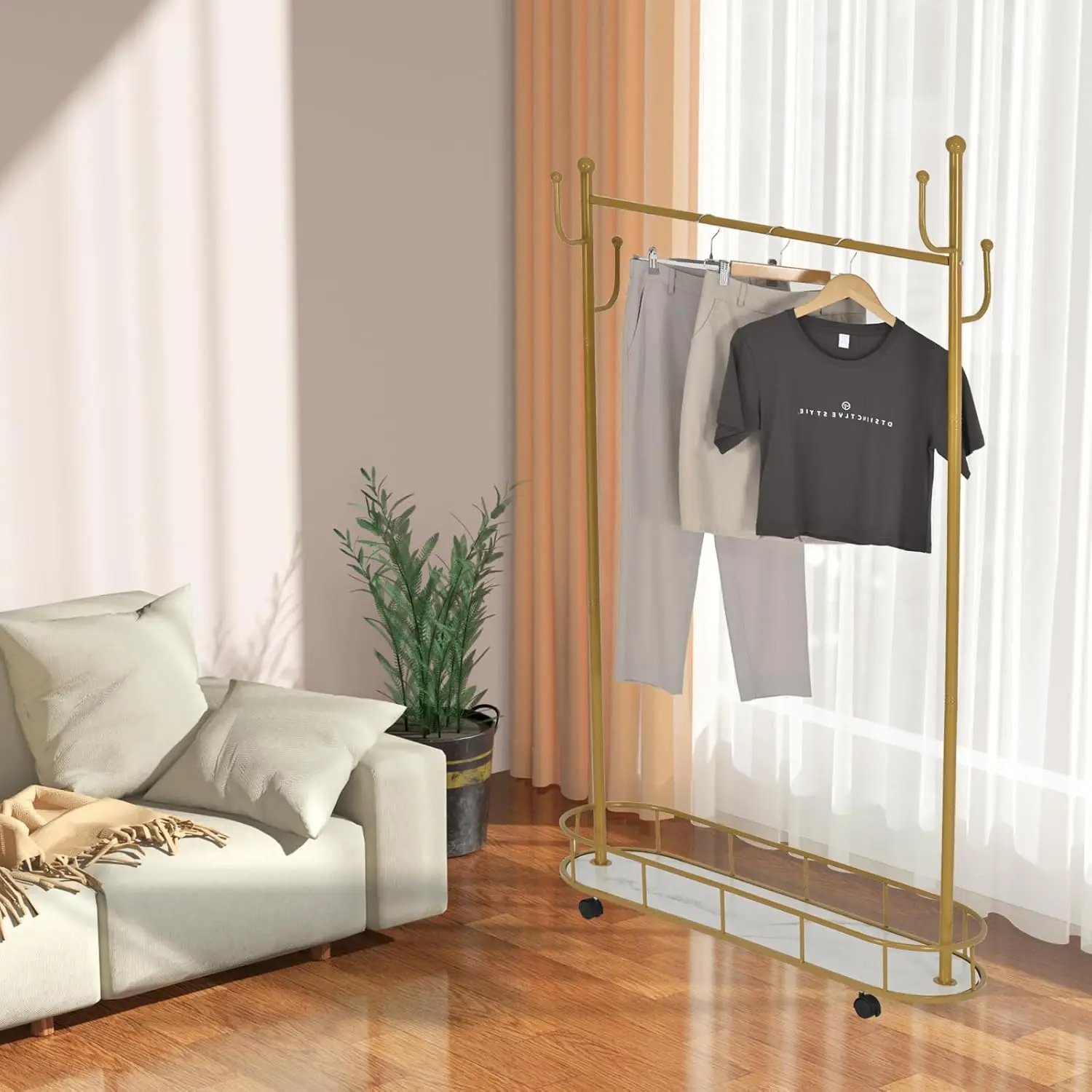 Appendiabiti con ruote e ripiani Robusto armadio in metallo Appendiabiti per pantaloni Abiti Oro (68.5 x 39.7 pollici)