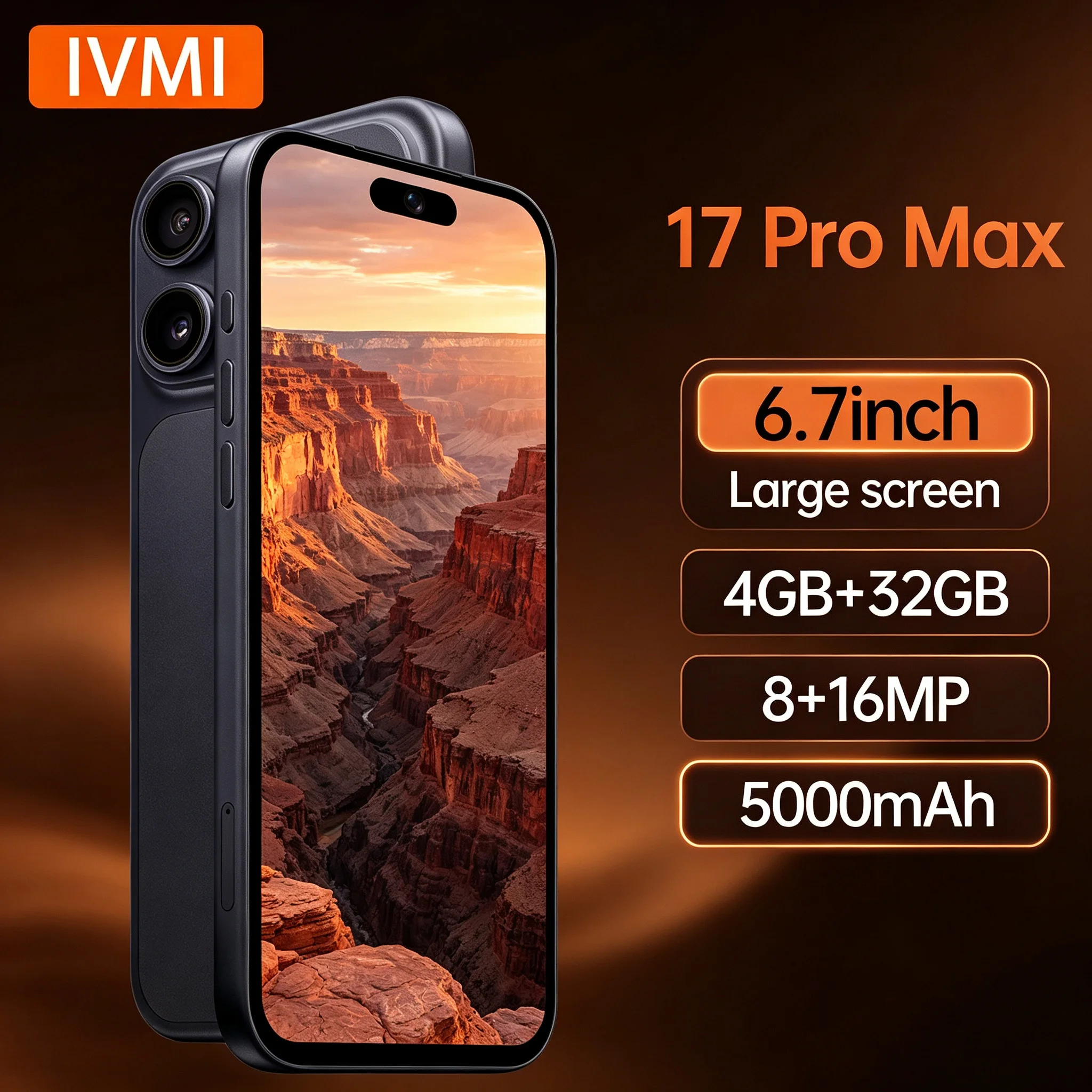 IVMI 17Pro Max Smartphones Android Dual SIM 6.7"4GB RAM 32GB ROM WIFI Bluetooth Play Store 4G Fingerprint Face Mobile Phones