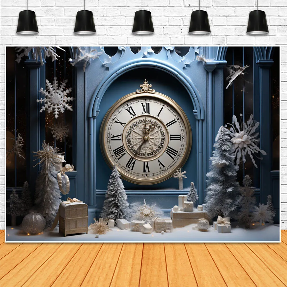 Mocsicka Christmas Backdrop Photography Vintage Clock Dark Blue Wall Snow Winter Outdoor Photo Background for Photo Studio Props