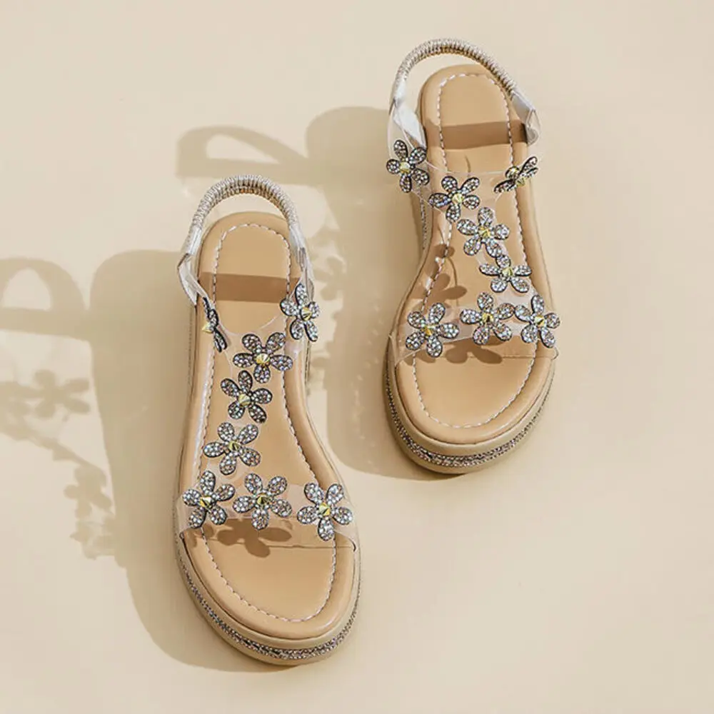 Women's Bohemian Rhinestone Wedge Sandals, Elastic Ankle Strap Transparent Platform Shoes, Casual Summer Wear view 5