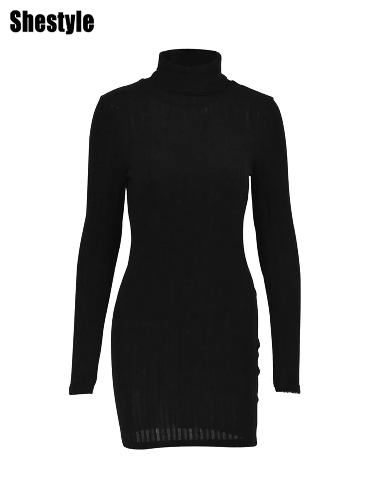 Shestyle الصلبة عادي الملمس الأسود فستان ضيق المرأة الخريف الياقة المدورة نحيل سليم أنيق مثير كلوبوير ملابس مخططة أنيقة