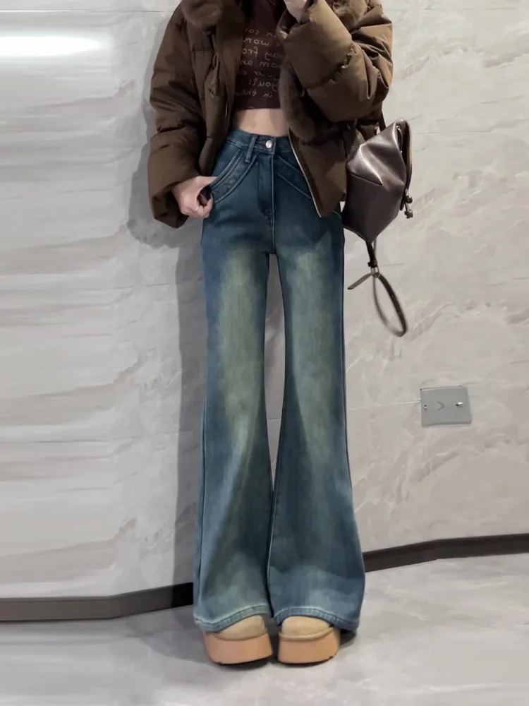 

Retro Blue Fleece Lined High Waist Flared Denim Jeans Women's Autumn Winter plus Size Slimming Wide Leg Long Pants