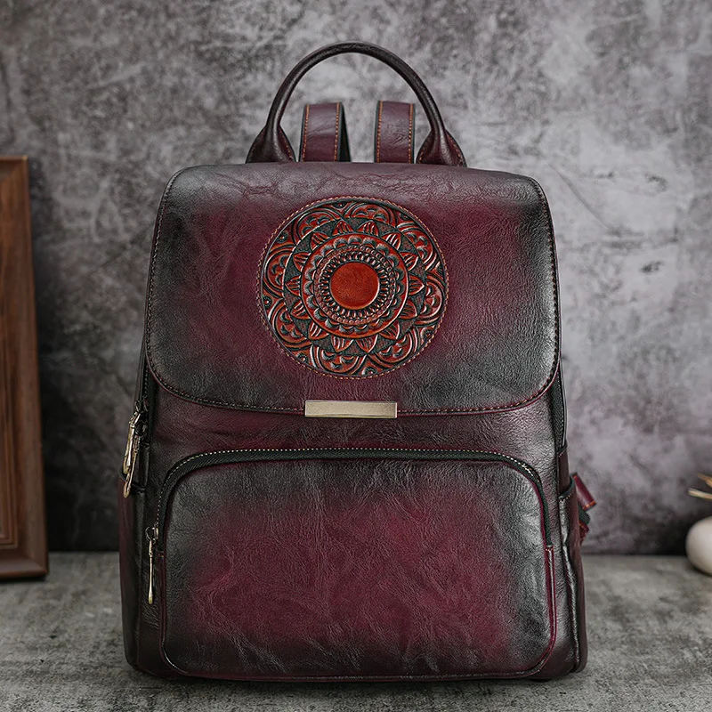 Vintage Women Leather Backpack Chiniese Style Ladies Travel Bagpack Antitheft Floral Double Shoulder Bag