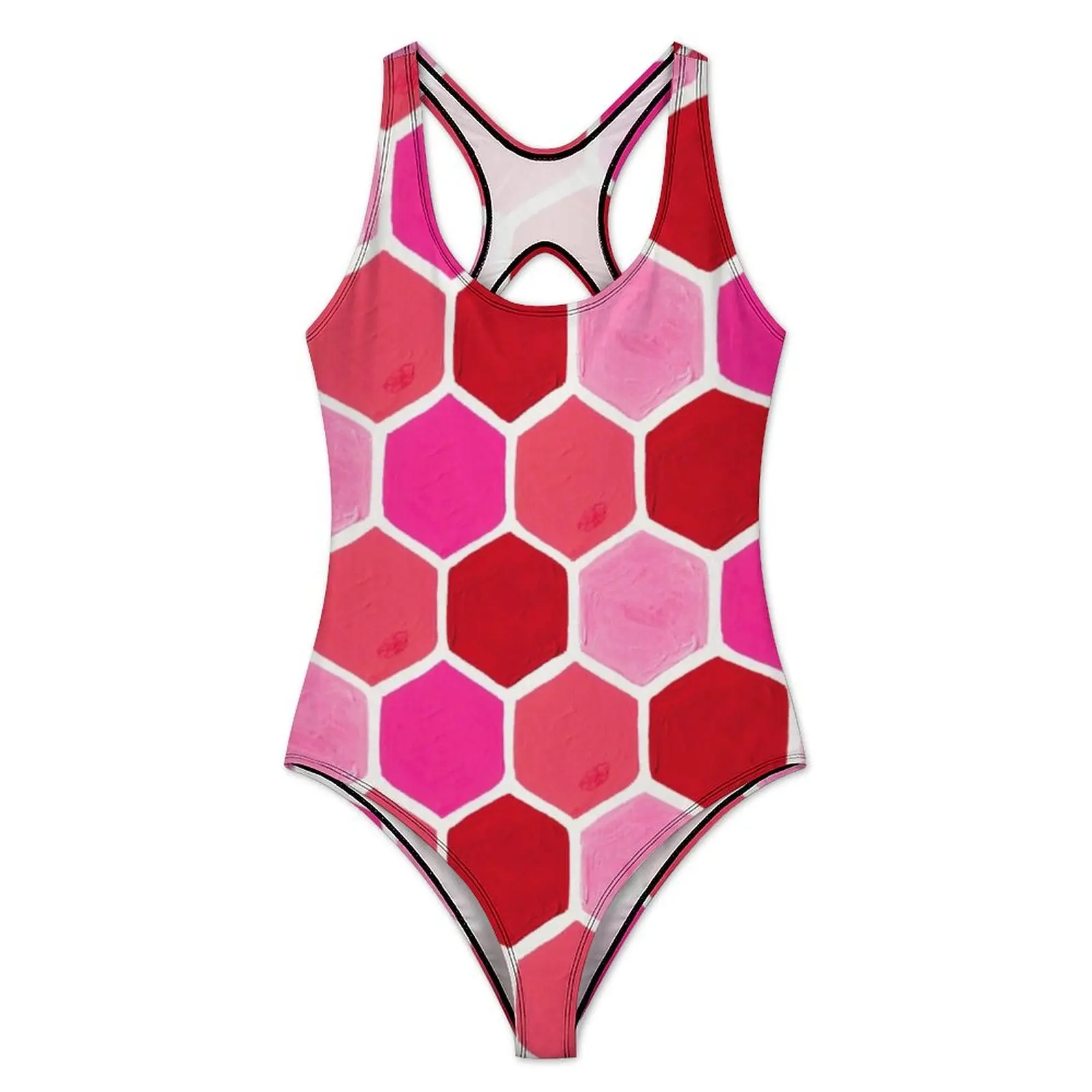 Pink Retro Mod Swimsuit Hexagon Honeycomb One-Piece Swimwear Push Up Stylish Monokini Sexy Fitness Pattern Beachwear