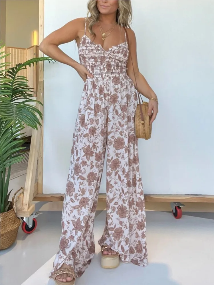 Women's Sexy Spaghetti Strap Jumpsuit Summer Floral Print Buttons Backless High Waist Wide Leg Pants Casual Jumpsuits Streetwear