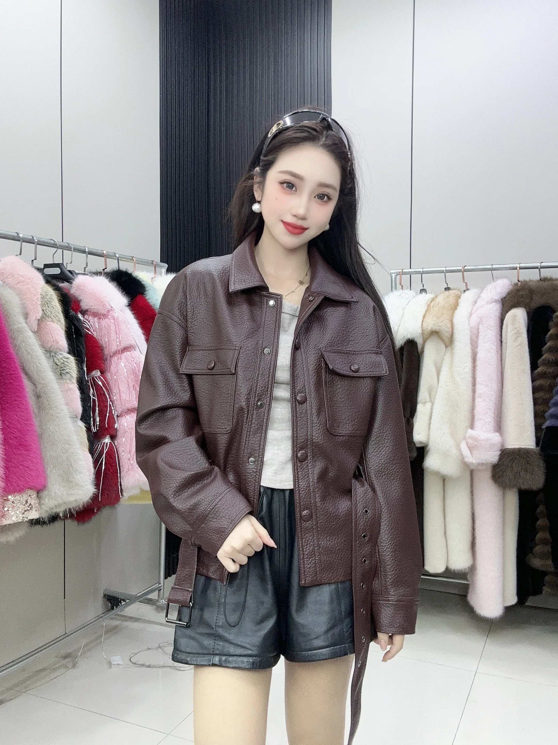 2025 Spring and Autumn Leather Jacket Temperament Waist Lapel Burgundy Leather Jacket Single-breasted Black Leather Jacket