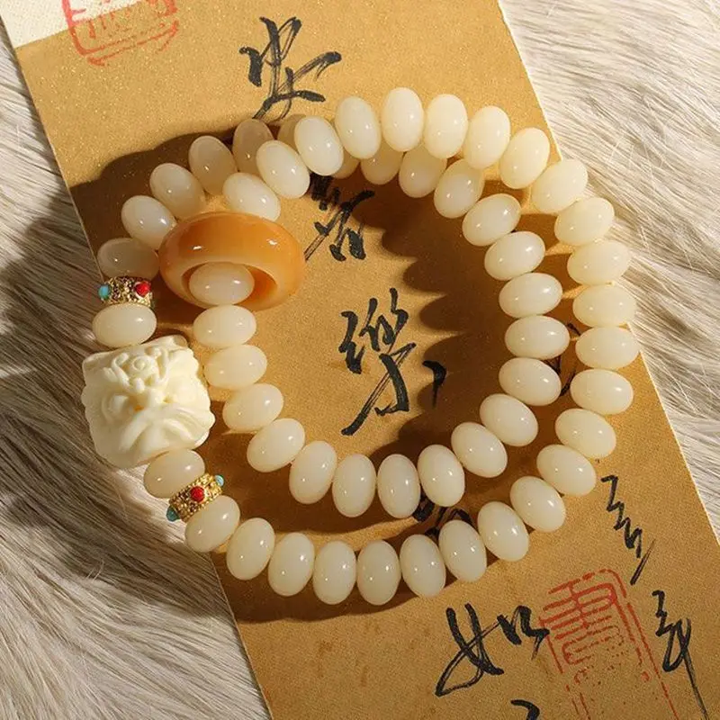 Natural white bracelet, double-loop, oil content, high density, jade-like finish, bodhi Buddhist beads for women