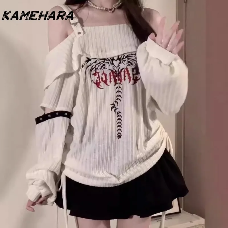 

KAMEHARA Kawaii Women Print Pullover Knitted Shirts Harajuku Korean Y2k Long Sleeves Oversize Sweaters Vintage 2000s Clothes Top