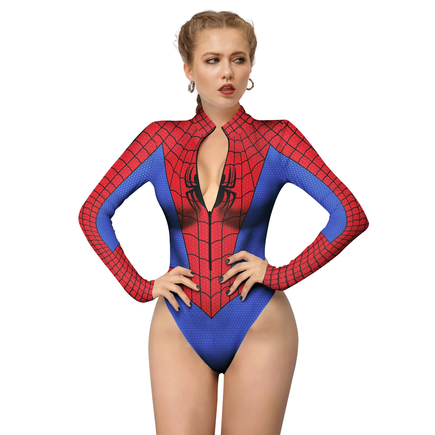 3D igital Printed Long Sleeve Cosplay Women\'s Sexy Tights Pants Triangle Spider Bodysuit Halloween Hero Costume for Men Women