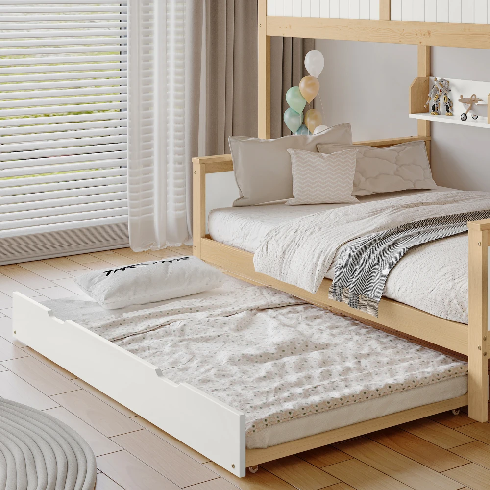 PINGGO Etagenbett 90x200/90x190/120x200cm mit Fallschutzgitter, 3-stöckiges Rollbett mit Kleiderschrank und Eck-Treppe, ohne Matratze – Detail 19