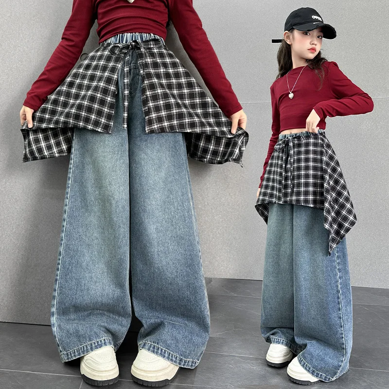 

Apron Style Children Autumn Straight Jeans With Plaid Skirt for Teen Girls Cool Streetwear Trousers Kids Fashion Denim Pants