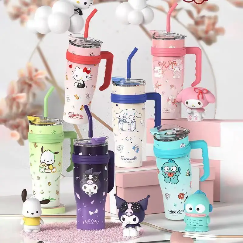 

Sanrio Anime Cup Kuromi Cinnamoroll My Melody Hello Kitty Cartoon Straw Thermos Cup Portable Large Capacity Cold Drink Cup