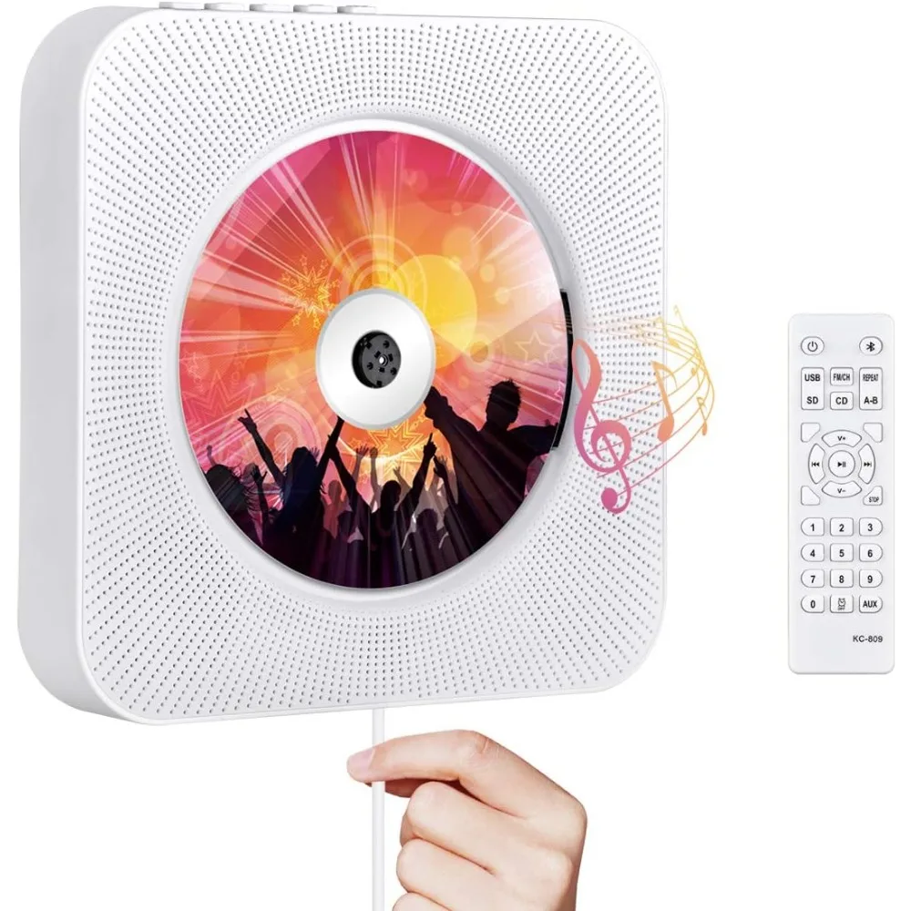 Portable CD Player with Bluetooth, Wall Mountable, HiFi Speakers, Remote, FM Radio, LCD Display, MP3, Headphone Jack