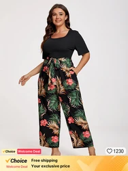 Abbigliamento taglie forti stampa tropicale collo quadrato tasca avvolgere pantaloni gamba larga tuta Patchwork donna Casual vacanza abbigliamento Outdoor