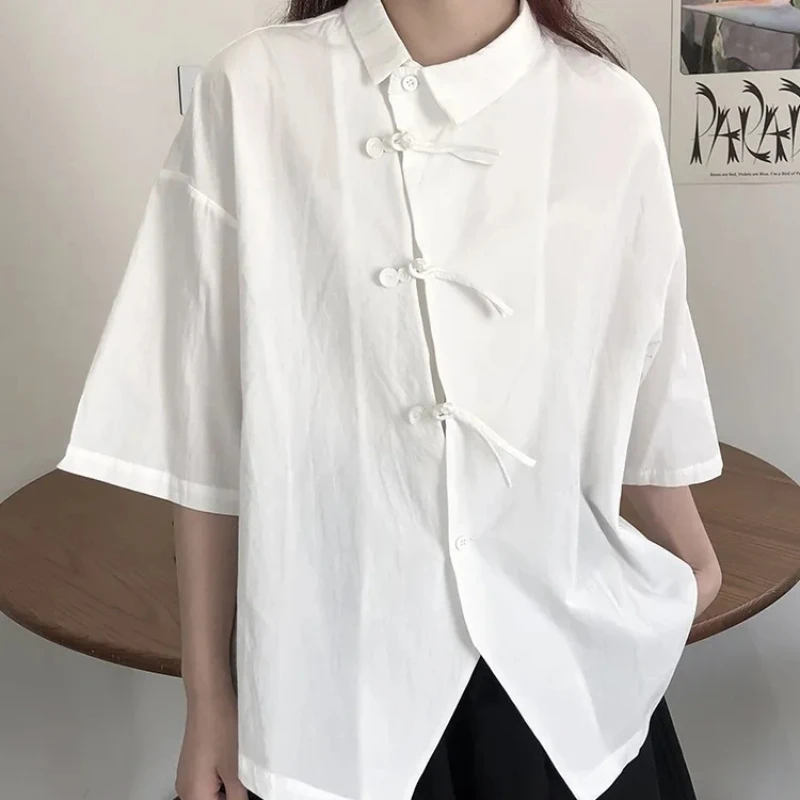 

Korean Version Short Sleeve Tops Black Chinese Oblique Plate Button Shirt Summer Loose Peplum Blouse Women Chinese Style Retro