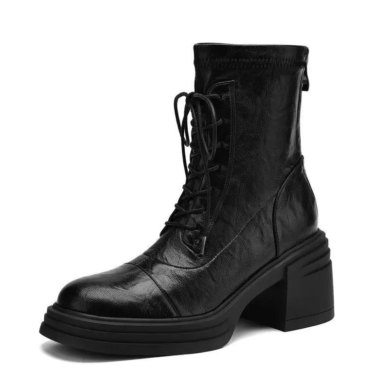 

2025 Womens Genuine Leather Ankle Boots Modern High Heel Shoes Round Toe 6cm Heel Height