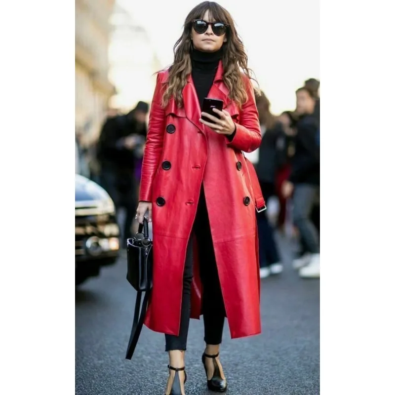 Women Red Trench Length Coat Real Lambskin Stylish Long Coat for Jacket Fashion Trends