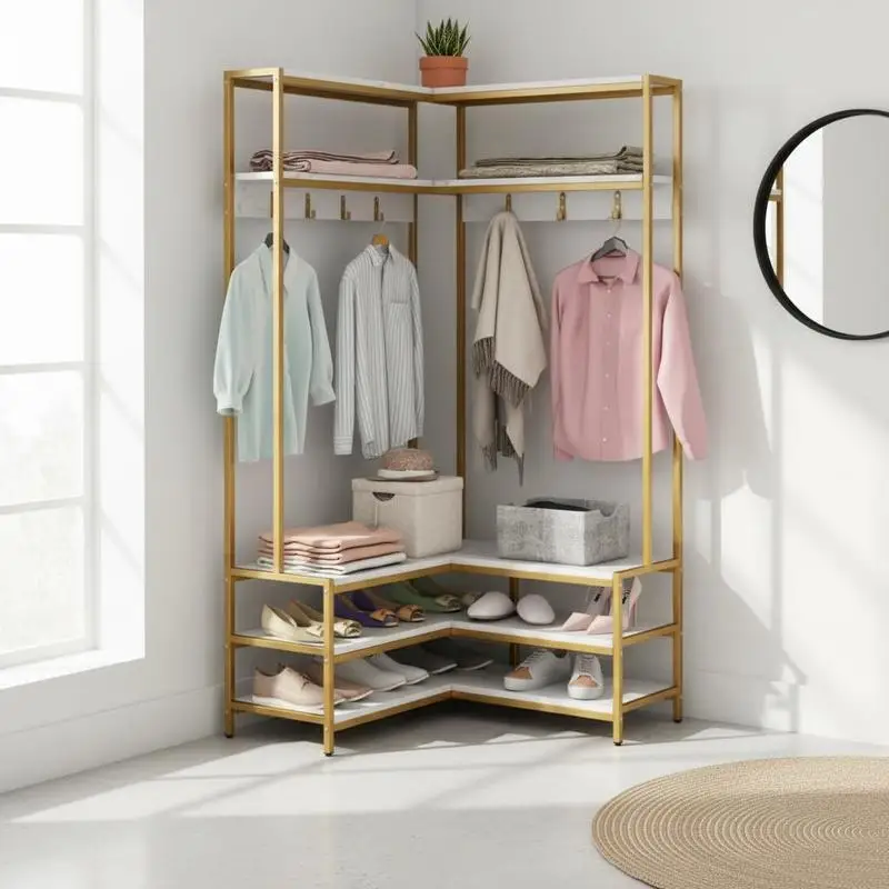 

Corner Garment Rack with Open Shelves and 7 Hooks Shoe Bench-White