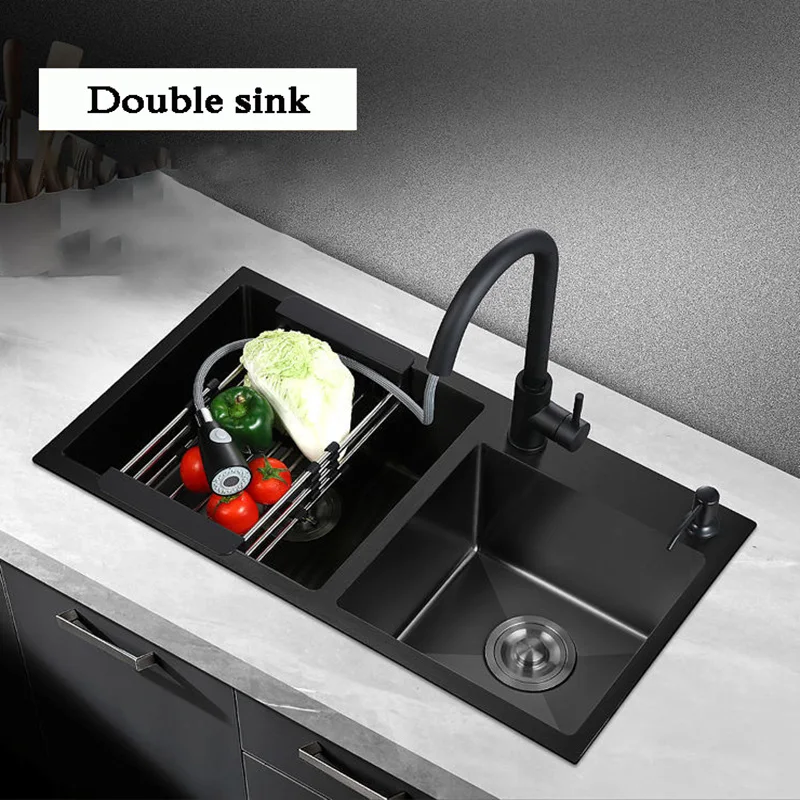 Nano Stepped Double Sink 304 Stainless Steel Vegetable Wash Basin High Pressurecup Washer Coffee Shop Wine Bar Sink Kitchen Sink