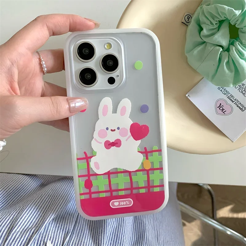 Étui de téléphone Kawaii Love Rabbit pour femme, couverture mignonne, graffiti, plaid, emballage complet, coréen, amusant, iPhone 15 Pro, 11, 12, 13, 14 Pro Max