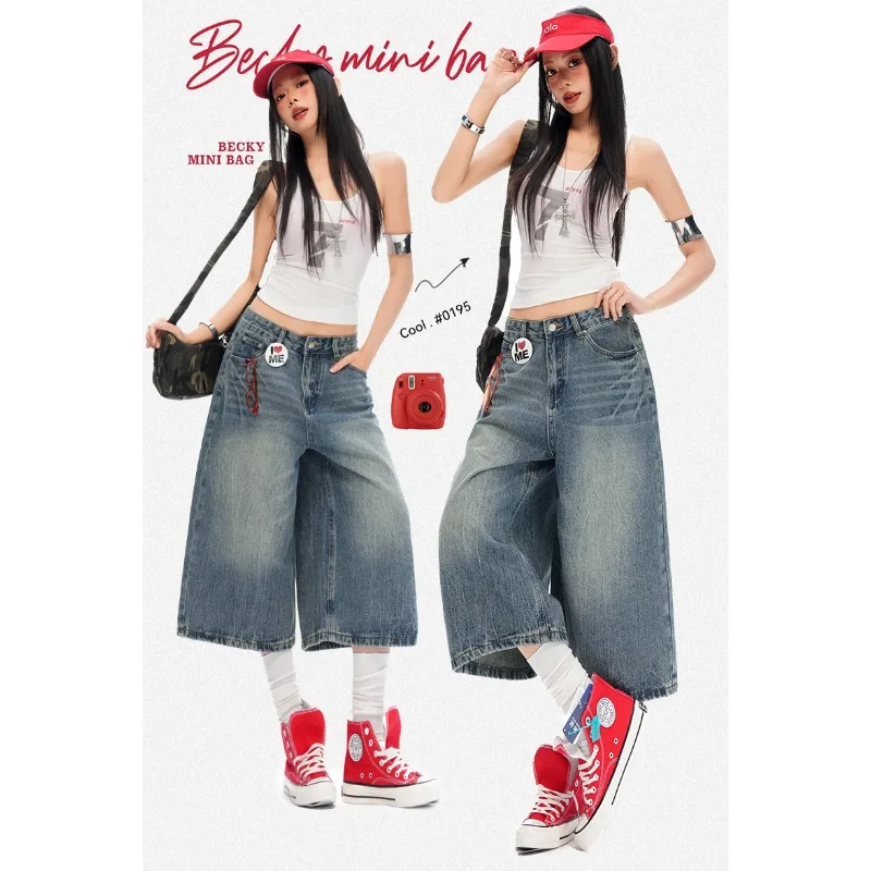 2026 Summer Unisex Vintage Wash Lightning Print Cropped Jeans Street Loose Wide Leg Seven‑Points Denim Pants
