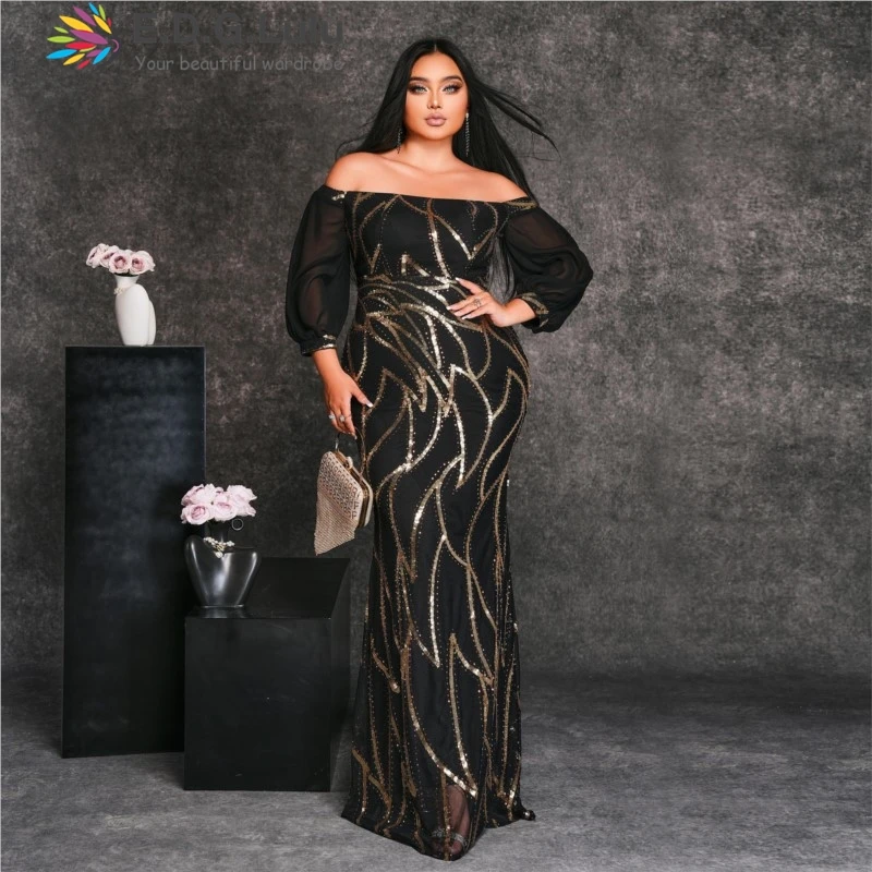 

EDGLuLu Off Shoulder Long Sleeved Plus Size Evening Gown Dress Gold Sequined Glitter Print Black Maxi Dress Large Size 0924