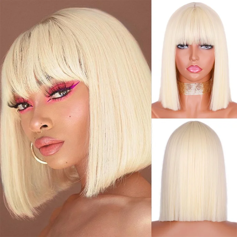 Cosplay Party Wig With Fringe Layered Blonde Heat Resistant Hair Short Straight