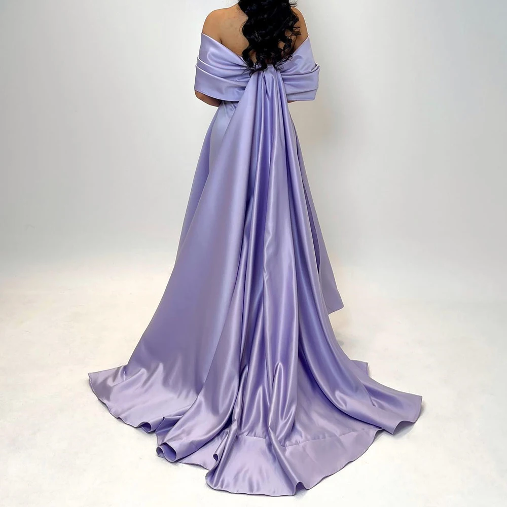 Fashion Satin Straight Off the Shoulder Evening Dress Floor Length Boat Neck Half Sleeves Panel Train فساتين سهره نسائيه فخمة