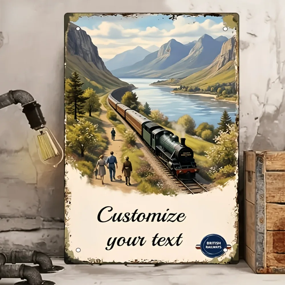 CIFbuy Custom Text Rectangle Metal Sign,Vintage Steam Train Mountain Wall Decor (Only For Decoration)