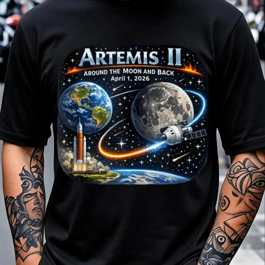 【Nueva llegada】Camiseta espacial de la misión Artemis II "Around The Moon And Back" 2026, camiseta negra con gráfico de cohete de la NASA y la Tierra, ropa informal de astronomía