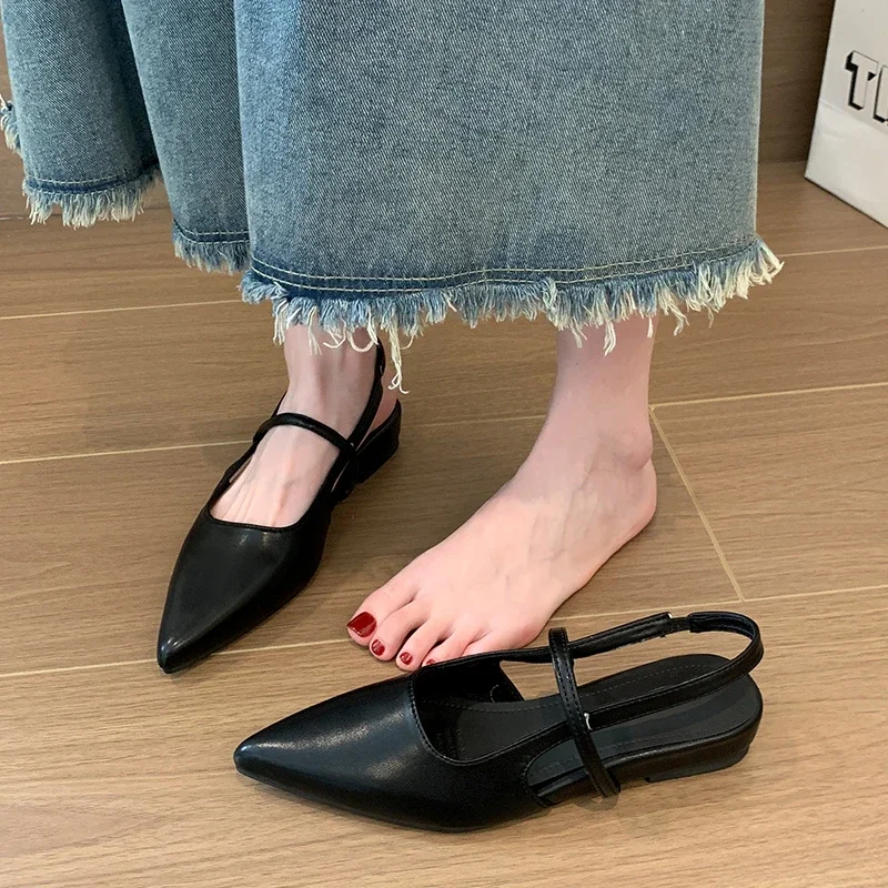 French Retro Style Pointed Sandals Women's Shoes 2024 Summer One line Belt Back Air Flat Bottom Women's Single Shoes