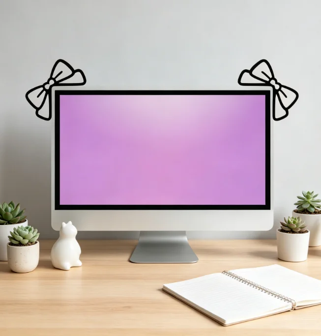 Desk Setup For Laptop And Monitor - Decoração de Monitor com Laço Rosa