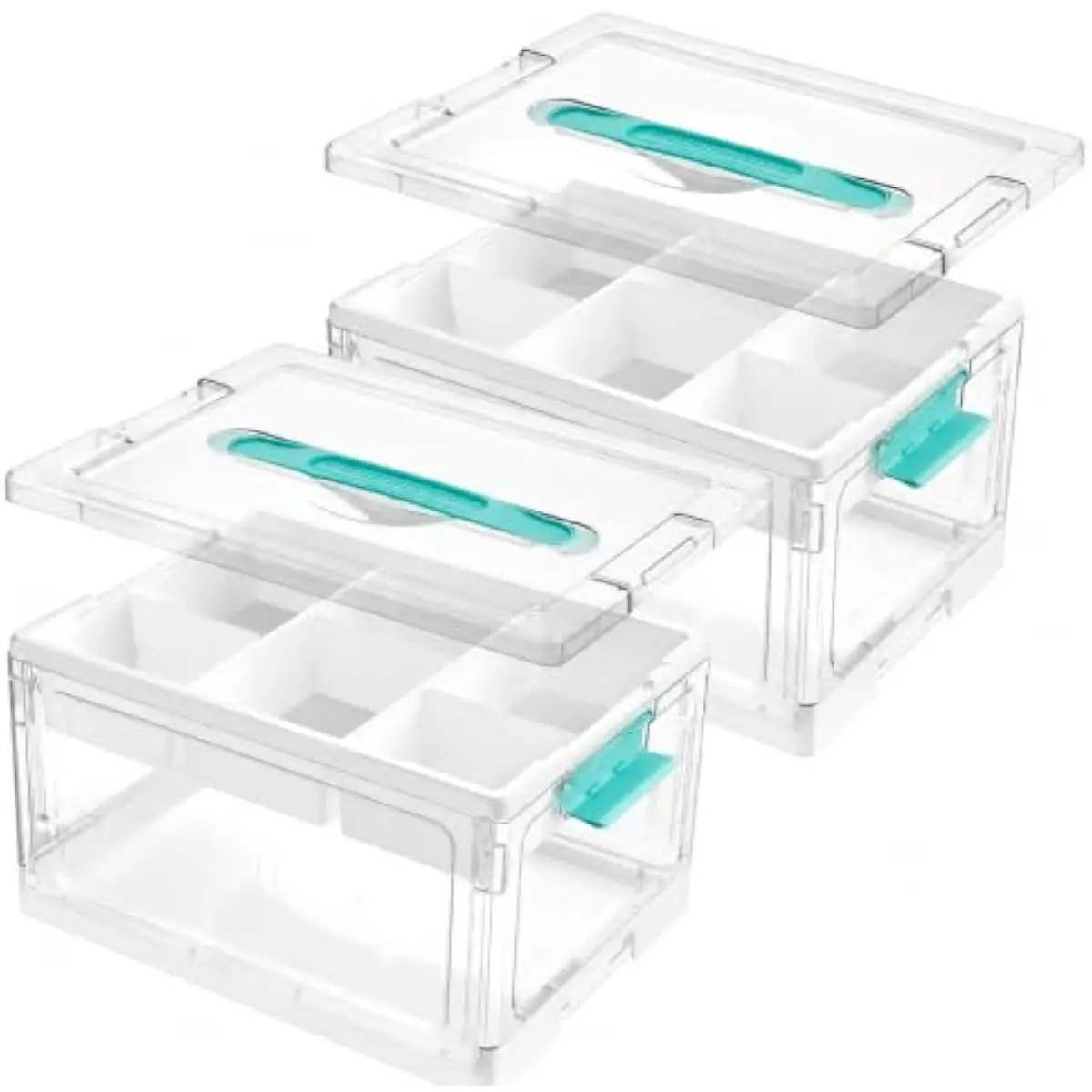 24 QT Clear Plastic Craft Storage Bin with Removable Tray and Adjustable Dividers, Collapsible Art Supply Organizer with Ergonomic Handle for Beads Sewing Toys Office
