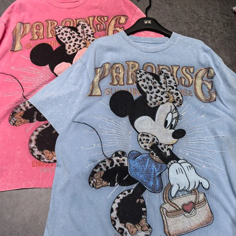 Washed Water Short-sleeved T-shirt Women's 2025 New Summer Loose Cartoon Printed Diamond Drills Top Oversized Tshirts Pullover