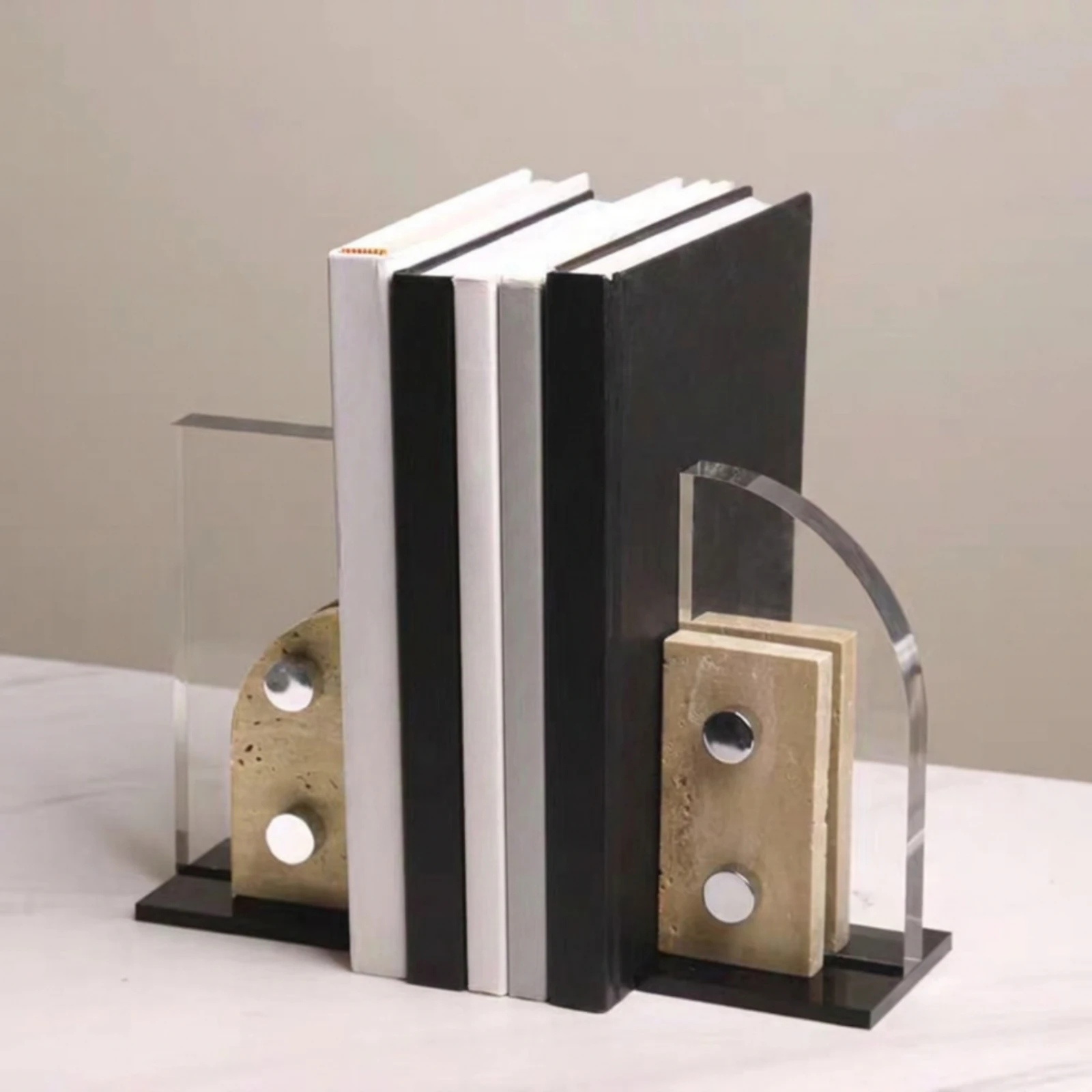 Acrylic Bookends Stone Textured Travertine Look Bookends Book Holders Heavy Duty Decor Long-Lasting for Avid Readers, Bookshelf