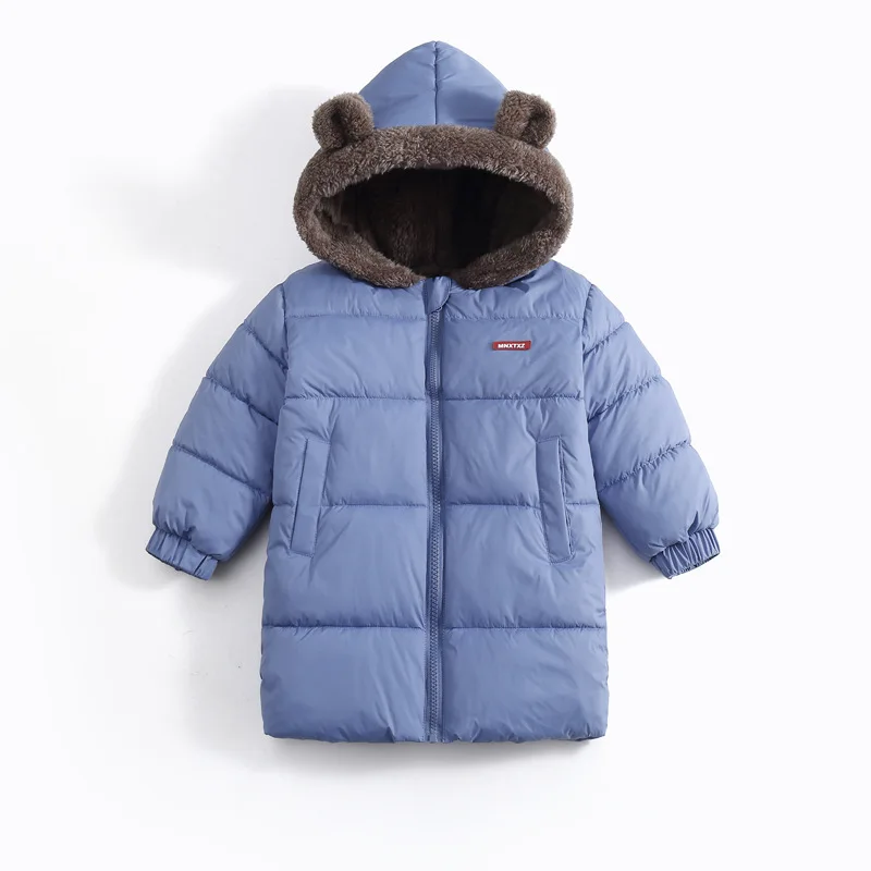 Neue doppelseitige Winter-Daunenjacke für Kinder, Jungen und Mädchen, mittellanger warme Mantel mit Bärenohren-Kapuze. – Detail 3