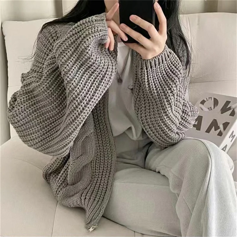 Rimocy Chic Zipper Up Knitted Cardigan Women Autumn Winter Solid Color Twisted Sweater Woman Wild Long Sleeve Jumper Coats Mujer