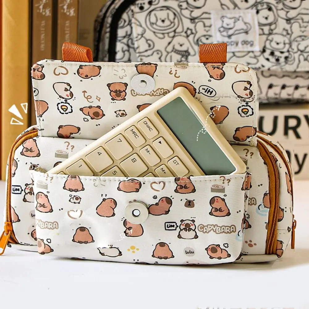 Multi Layer Capybara Stationery Bag Cute Pencil Cases Large Capacity Capibara Pencil Bag Canvas Cartoon Pen Pouch Children