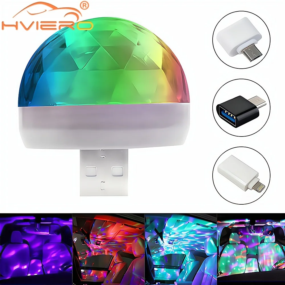 Car USB Ambient Light DJ RGB Mini Colorful Music Sound Led IOS 5V Interface Holiday Party Atmospheres Interior Dome Trunk Lamps