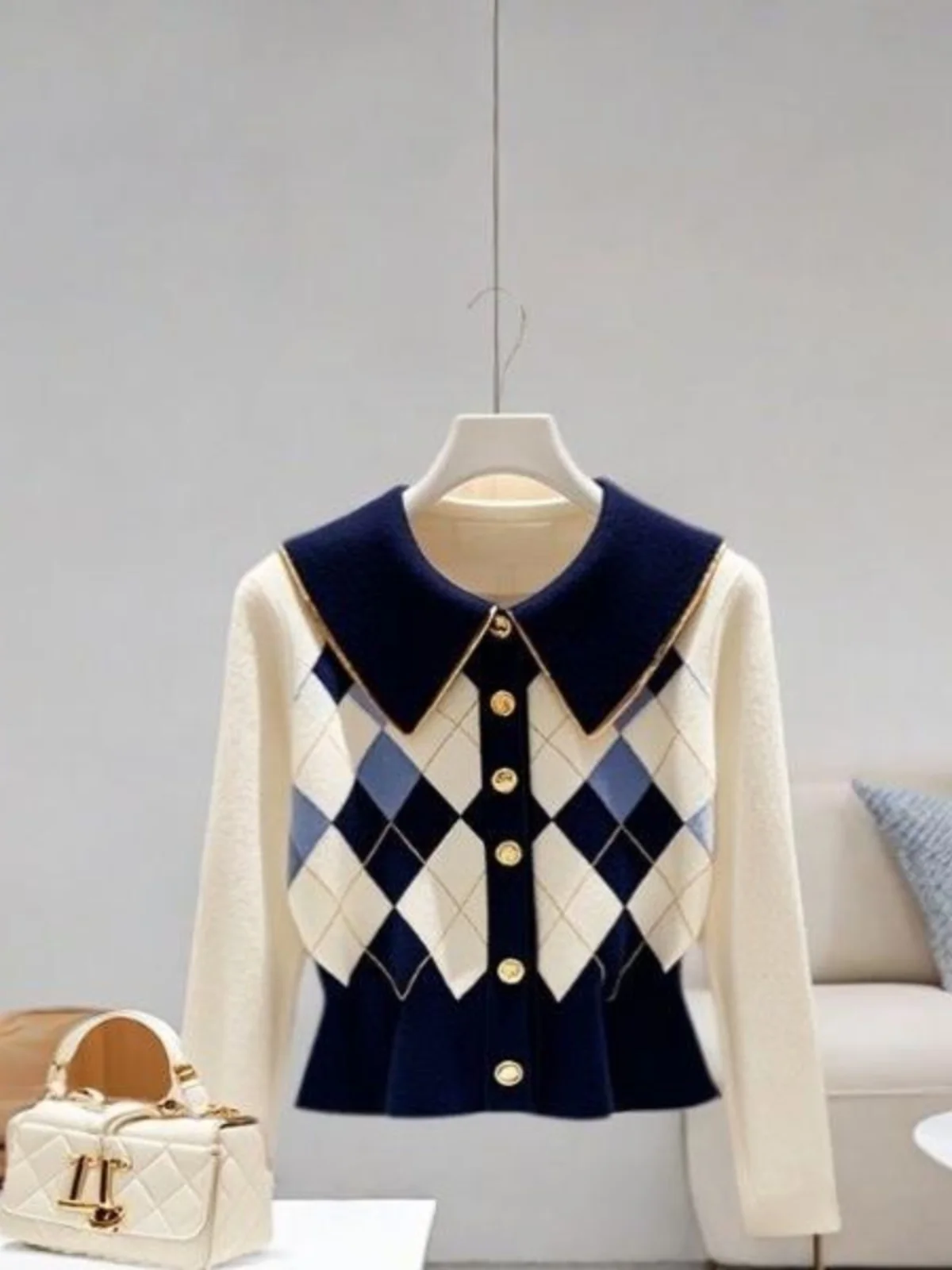 

Faionable Knitted Sweater Coat Women's Waist-Cinching Open Cardigan Autumn Season New Sle Exquisite Blue-White Color Bloc...